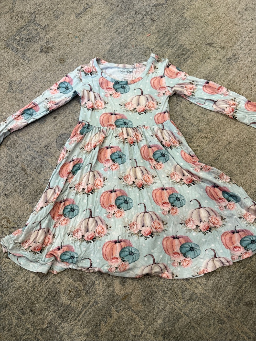 Posh Peanut Mint Blue Pumpkin Floral Long Sleeve Twirl Dress